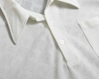 Vintage 70s Studio One by Campus Mens Shirt | M White Textured Geometric Dacron Polyester | Made in USA Retro 1970s Disco Leisure Top