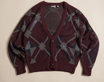 Vintage 80s Sasson Geometric Knit Cardigan Sweater / Large Burgundy Grey Abstract Sweater with Leather Trim / Dark Academia Grandpacore