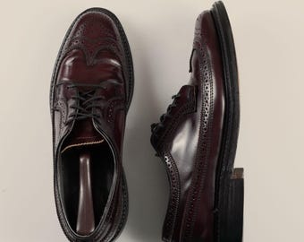 Vintage 80s Stuart Holmes President Shoes | Made in USA Burgundy Leather Longwing Brogues | Gunboat Wingtips Biltrite Size 9D