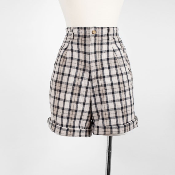 Vintage High Waist Linen Cotton Shorts Plaid Plea… - image 1