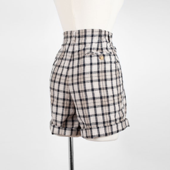 Vintage High Waist Linen Cotton Shorts Plaid Plea… - image 5