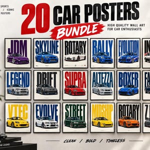 Puede incluir: Un paquete digital de 20 pósteres de coches que muestran varios vehículos deportivos con etiquetas de texto llamativas como JDM, Skyline, Rotary, Rally, Evolution, Initial, Legend, Drift, Supra, Altezza, Boxer, Fairlady, VTEC, Evolve, Street, Midship y Z Force.