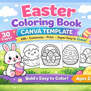 Más de 30 páginas para colorear de Pascua en plantilla de Canva para niños, páginas sencillas y llamativas (descarga digital)