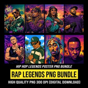 Paquete de diseños PNG de leyendas del hip hop, estilo arte callejero, rap de la costa oeste (descarga digital)
