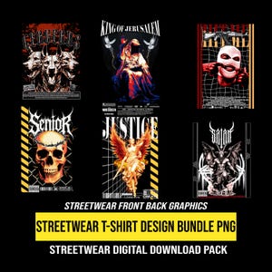 Può includere: Una collezione di design per t-shirt streetwear con varie grafiche. I design includono un cane a tre teste, una figura in una veste, una persona con una maschera da sci, un teschio con una corona, un angelo e un demone. Il testo "STREETWEAR T-SHIRT DESIGN BUNDLE PNG" è visibile.