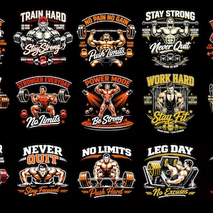 Puede incluir: Colecci&oacute;n de dise&ntilde;os gr&aacute;ficos con tem&aacute;tica de fitness con frases motivadoras como "Train Hard", "No Pain No Gain" y "Stay Strong". Cada dise&ntilde;o presenta una figura musculosa y tipograf&iacute;a audaz, ideal para ropa deportiva o carteles.