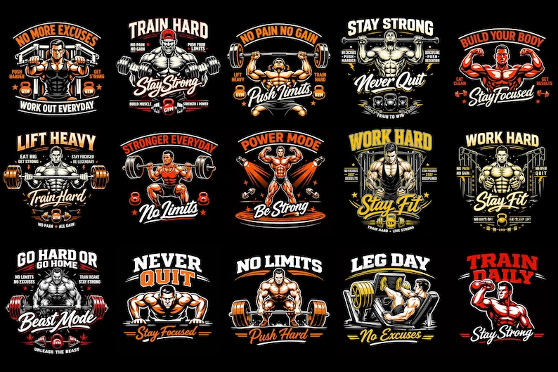 Puede incluir: Colecci&oacute;n de dise&ntilde;os gr&aacute;ficos con tem&aacute;tica de fitness con frases motivadoras como "Train Hard", "No Pain No Gain" y "Stay Strong". Cada dise&ntilde;o presenta una figura musculosa y tipograf&iacute;a audaz, ideal para ropa deportiva o carteles.