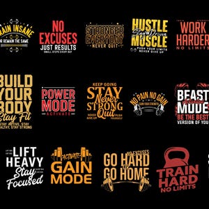 Puede incluir: Una colecci&oacute;n de dise&ntilde;os motivacionales con tem&aacute;tica de fitness sobre un fondo negro. Cada dise&ntilde;o presenta texto en negrita en varios colores, incluyendo rojo, amarillo y blanco, con frases como "Beast Mode", "Train Insane" y "No Excuses".