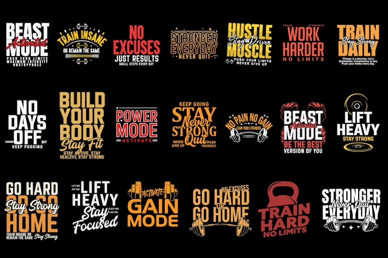 Puede incluir: Una colecci&oacute;n de dise&ntilde;os motivacionales con tem&aacute;tica de fitness sobre un fondo negro. Cada dise&ntilde;o presenta texto en negrita en varios colores, incluyendo rojo, amarillo y blanco, con frases como "Beast Mode", "Train Insane" y "No Excuses".