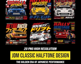 May include: A collection of six graphic designs featuring Japanese sports cars including a blue Nissan Skyline, yellow Mazda RX-7, white Toyota Supra, orange Nissan Fairlady Z, white Nissan Silvia, and a red Mitsubishi Lancer with bold text overlays.