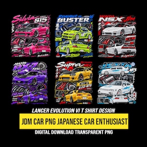 May include: A digital graphic collection featuring six Japanese sports cars: a pink Nissan Silvia S15, a lime green Mitsubishi Lancer Evolution, a white Honda NSX, a purple Mazda RX-7, a yellow Toyota Supra, and a white Volkswagen Jetta.
