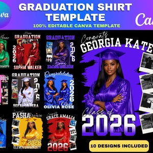 Plantilla para camiseta de graduación / Promoción de 2026. Diseños editables en Canva (descarga digital).