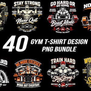 Puede incluir: Un conjunto de 40 dise&ntilde;os de camisetas con tem&aacute;tica de gimnasio en un paquete PNG. Los dise&ntilde;os presentan figuras musculosas con frases motivadoras como "Work Hard", "Stay Strong" y "No Limits". La paleta de colores incluye negro, blanco y dorado.