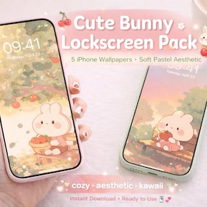 May include: Two iPhones displaying a cute bunny lockscreen pack. The screens feature soft pastel aesthetic wallpapers with a bunny illustration. Text on the image reads "Cute Bunny Lockscreen Pack" and "5 iPhone Wallpapers". The time is 09:41.