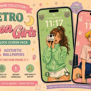 以下が含まれることがあります： iPhone 17用のデジタルロック画面パック「Retro Moon Girls」には、2種類のイラスト壁紙が含まれています。緑のジャケットを着てカメラを持つキャラクターと、白いTシャツを着て飲み物を持つキャラクターが、ピーチカラーの背景に描かれています。