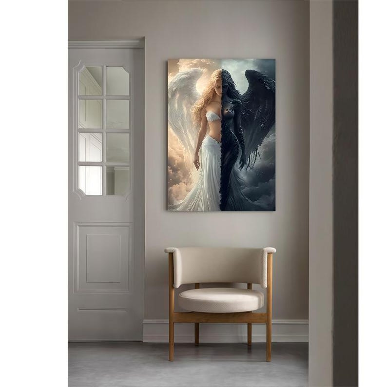 May include: A rectangular wall art print featuring a split-figure composition. One side depicts a light-skinned figure with large white wings and a white dress against a golden sky. The other side shows a dark-skinned figure with black wings.