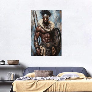 May include: A wall art print depicting a muscular warrior with a dark complexion, wearing a feathered neckpiece, a patterned waist wrap, and arm cuffs. The figure holds two long spears and a large circular shield against a textured blue-grey background.