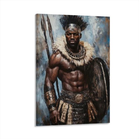 African Warrior Canvas Art, Zulu Tribal King Spear Shield Painting, Black Warrior Portrait Print