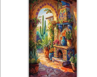 Colorful Talavera Tile Fireplace Print, Mexican Courtyard Wall Art, Desert Cactus Patio Decor, Southwestern Adobe Poster