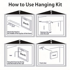 May include: A black and white instructional diagram titled How to Use Hanging Kit. It features four numbered steps showing a frame, a metal hook, a nail, and a hammer. The illustrations demonstrate attaching the hook to the frame, hammering the nail into the wall, and hanging the frame.