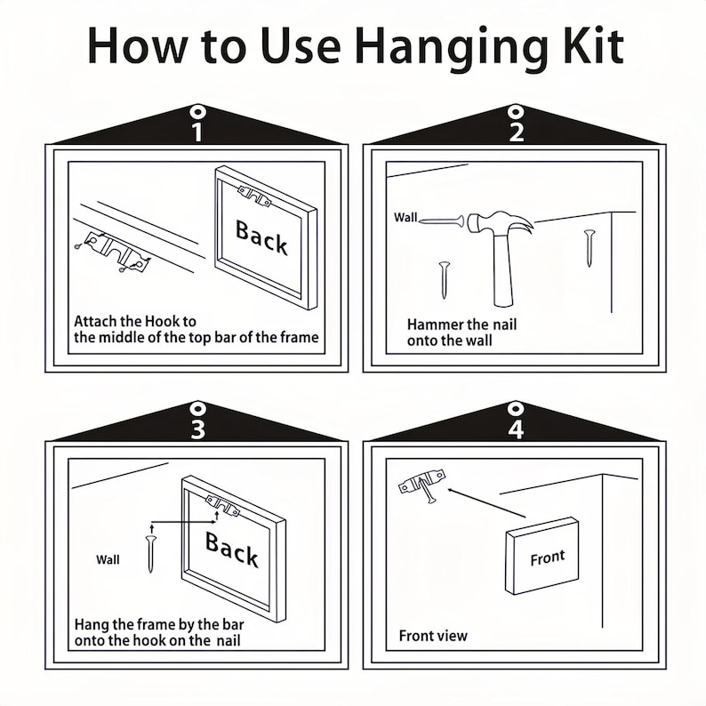 May include: A black and white instructional diagram titled How to Use Hanging Kit. It features four numbered steps showing a frame, a metal hook, a nail, and a hammer. The illustrations demonstrate attaching the hook to the frame, hammering the nail into the wall, and hanging the frame.