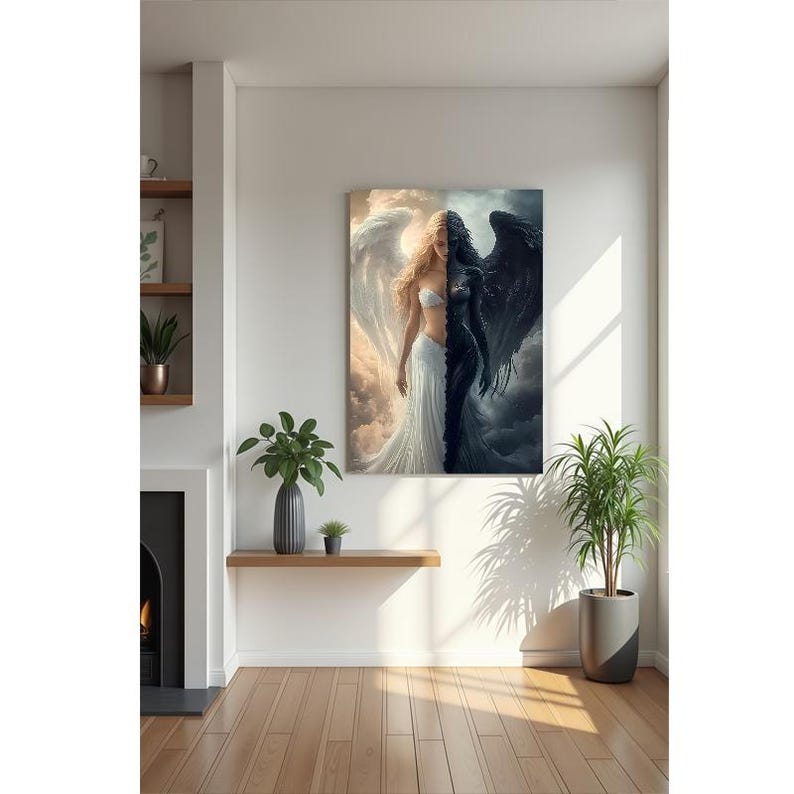 May include: A rectangular wall art print featuring a split composition of a light-skinned figure with large white wings against a bright sky on the left and a dark-skinned figure with large black wings against a stormy sky on the right.