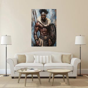 May include: A wall art print depicting a warrior with dark skin, wearing a feathered collar, arm bands, and a patterned skirt. The figure holds two spears over the shoulder and a large circular shield, set against a textured blue and gray background.