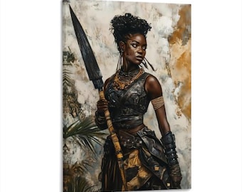 Tribal African Warrior Woman Canvas Print, Bold Spear Holding Wall Art