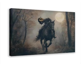 May include: A rectangular canvas print depicting a headless rider on a dark horse galloping through a misty, autumnal forest at night. The rider holds a glowing, carved jack-o'-lantern where a head would be, under a large, pale full moon.