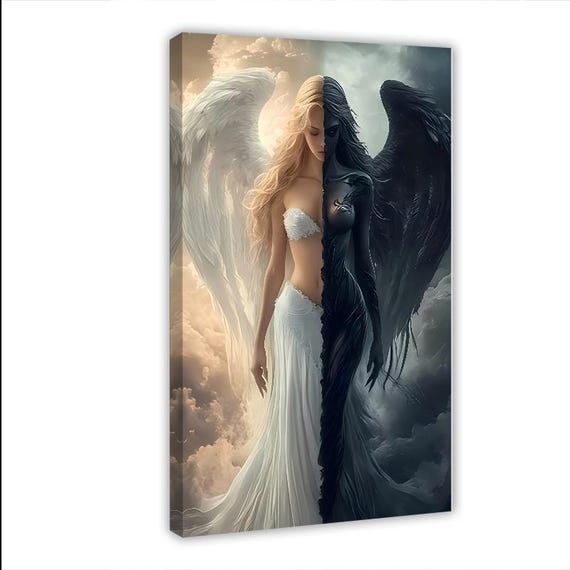 Angel Devil Wall Art Print, Light and Dark Fantasy Woman, Celestial Gothic Wings, Duality Goddess Poster, Ethereal Art