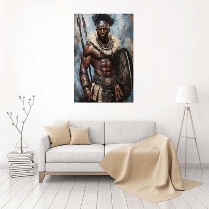 May include: A wall art print depicting a muscular warrior with dark skin, wearing a feathered collar, arm cuffs, and a patterned waist garment. The figure holds a tall spear and a large circular shield against a textured blue and grey background.