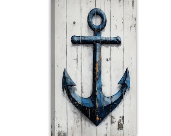 Rustic Blue Anchor Art Print, Weathered White Wooden Planks, Nautical Coastal Farmhouse Wall Decor