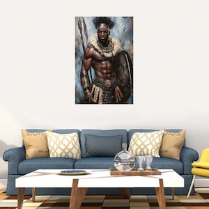 May include: A wall art print depicting a muscular warrior with dark skin, wearing a fur collar, arm cuffs, and a patterned skirt. The figure holds a tall spear and a large round shield, set against a textured, abstract blue and brown background.