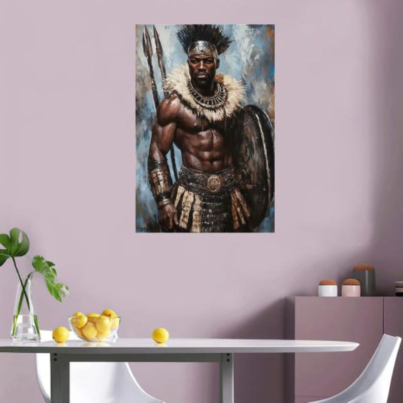May include: A wall art print depicting a muscular warrior with dark skin, wearing a feathered collar, a metallic belt, and arm cuffs. The figure holds a tall spear and a large circular shield, set against a textured, abstract blue and brown background.