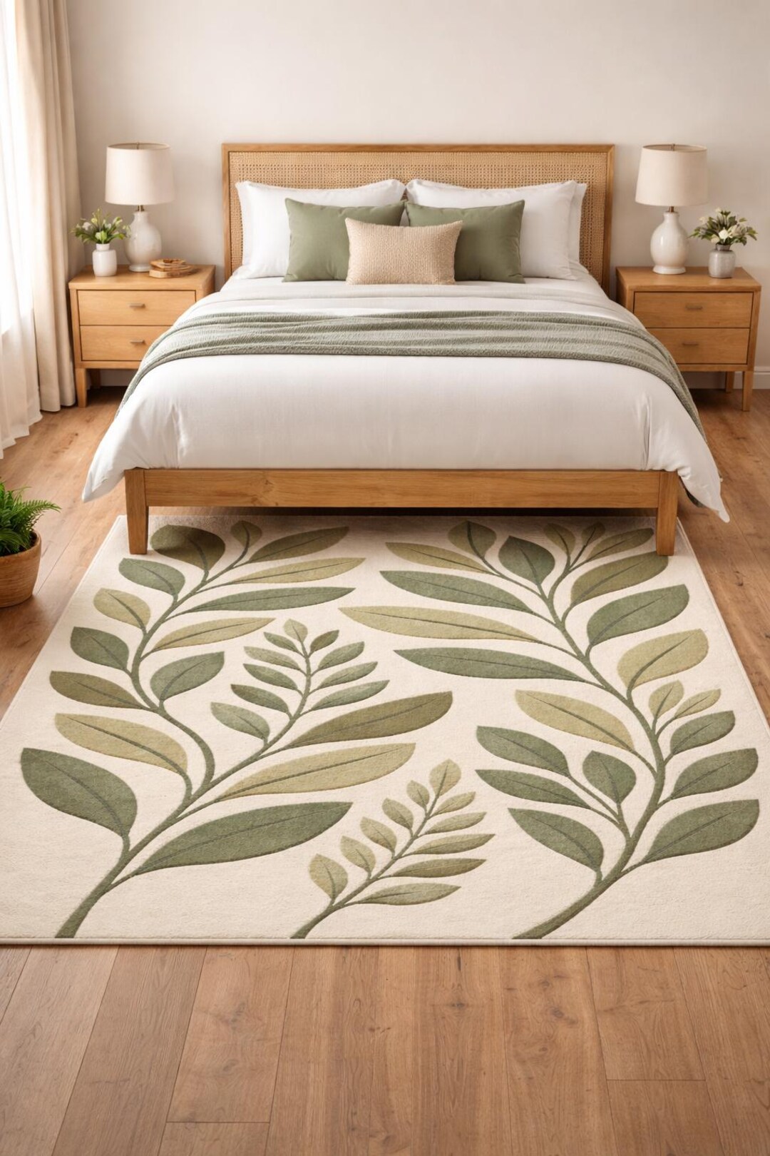 Botanical Leaf Area Rug, Sage Green Bedroom Rug, Neutral Scandinavian ...