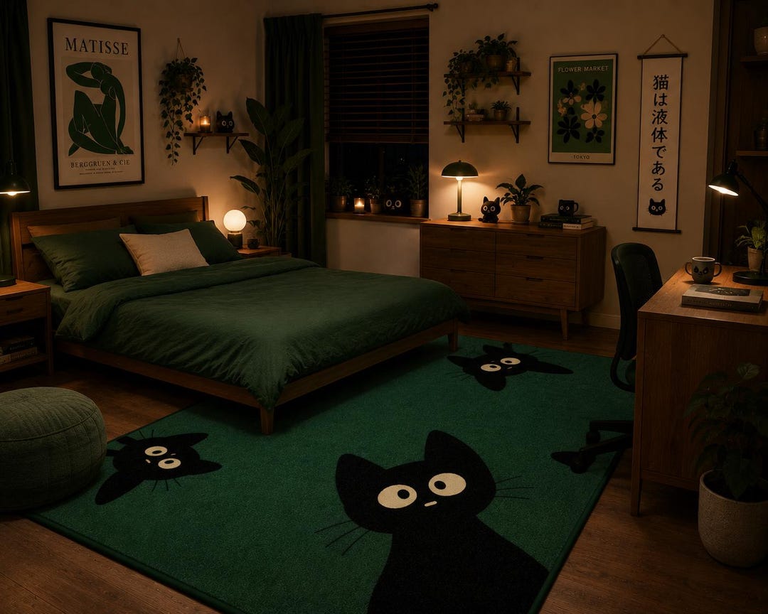 Cute Black Cat Tufted Rug, Green Aesthetic Handmade Carpet, Kawaii Cat ...