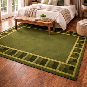 Alfombra moderna verde oliva, alfombra rectangular grande con borde, alfombra minimalista neutra para el suelo, alfombra contemporánea para dormitorio, sala de estar, decoración del hogar.