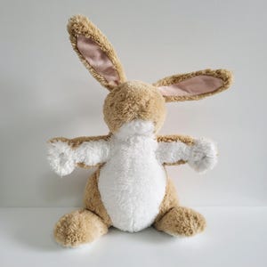 May include: A soft toy rabbit in a seated position with long ears and outstretched arms. The rabbit is tan with white on its chest, paws, and arms. The inside of the ears are pink.
