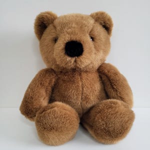 May include: A brown teddy bear with a black nose and soft, plush fur. The bear is sitting upright with its arms and legs extended. The bear's fur is a warm, medium brown color.