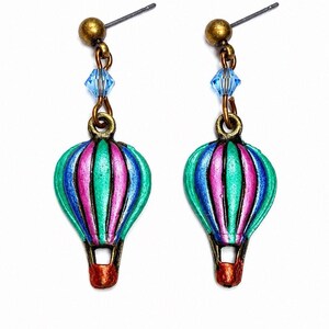Vintage Hot Air Balloon Dangle Earrings Colorful Enamel Crystal Bead Pierced