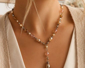 Vintage Monet Y Drop Necklace Champagne Faux Pearl Amber Crystal Gold Tone