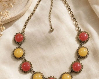 Vintage Ann Taylor Coral Pink Yellow Jelly Cabochon Floral Statement Necklace
