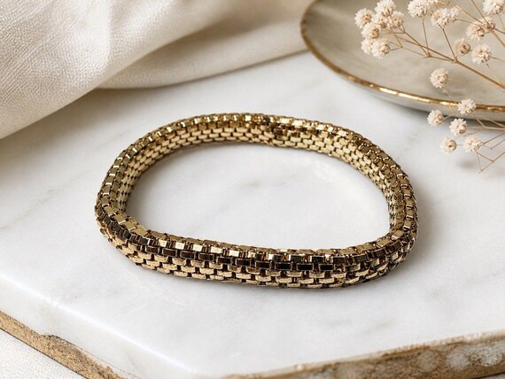 Vintage 1970s Gold Tone Brick Link Bracelet Basketweave Block Chain Tailored