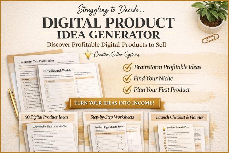 May include: An image promoting a digital product idea generator. The text reads "DIGITAL PRODUCT IDEA GENERATOR" and "Discover Profitable Digital Products to Sell." Worksheets and checklists are displayed, with the phrases "Brainstorm Profitable Ideas," "Find Your Niche," and "Plan Your First Product."