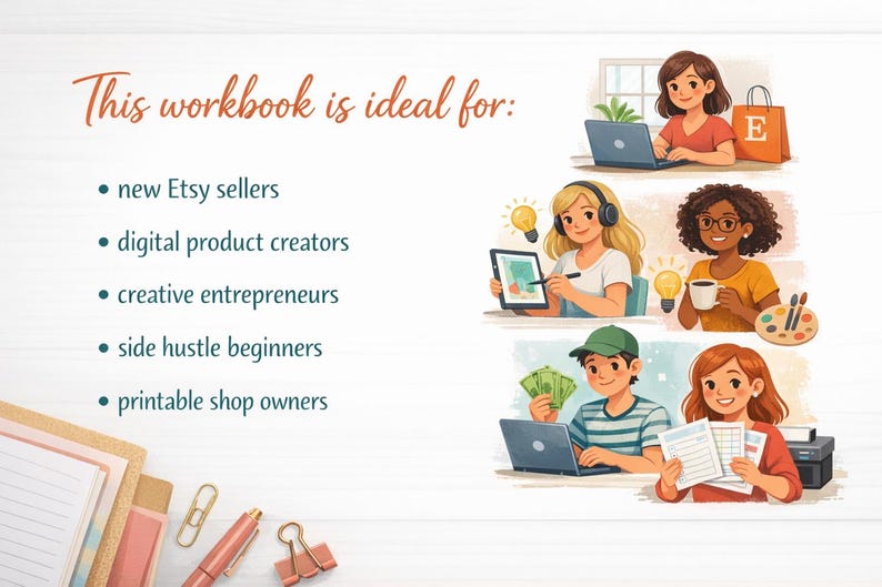 May include: An illustrated image with the text "This workbook is ideal for:" followed by a list of Etsy-related business types. The image features several cartoon figures working on laptops and tablets, with a shopping bag and money.