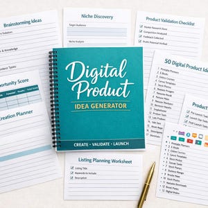 May include: A teal spiral-bound notebook titled "Digital Product Idea Generator" surrounded by worksheets. The worksheets include checklists, planning guides, and brainstorming templates. A gold pen and paper clips are also visible.