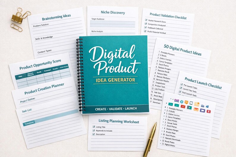 May include: A teal spiral-bound notebook titled "Digital Product Idea Generator" surrounded by worksheets. The worksheets include checklists, planning guides, and brainstorming templates. A gold pen and paper clips are also visible.