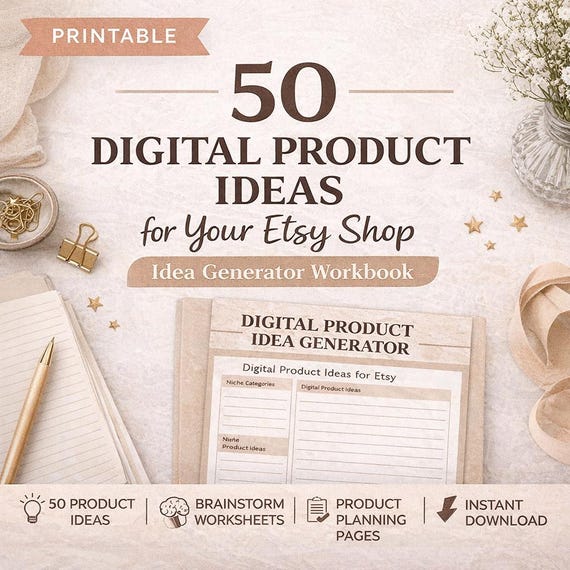 Digital Product Idea Generator Workbook for Etsy | Brainstorming Niche Ideas (Printable PDF)