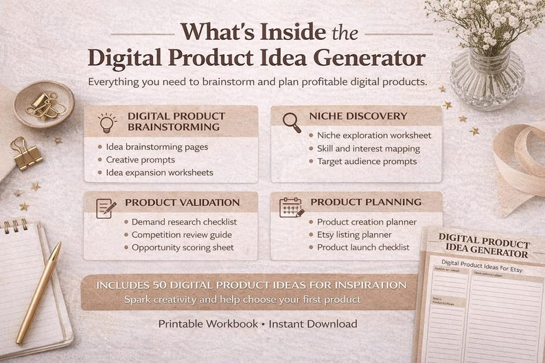 May include: An overhead shot of a workspace featuring a digital product idea generator. The image includes a notebook, pen, and decorative items. The text on the image reads "What's Inside the Digital Product Idea Generator". It also includes sections for brainstorming, niche discovery, product validation, and product planning.