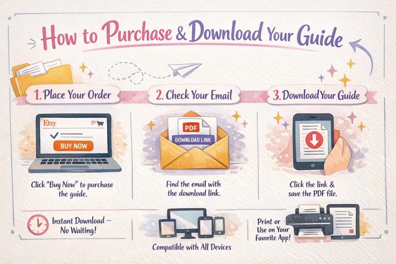 May include: Watercolor illustration detailing how to purchase and download a guide. Steps include placing an order on Etsy, checking email for a download link, and downloading the PDF. Compatible with all devices. Instant download.
